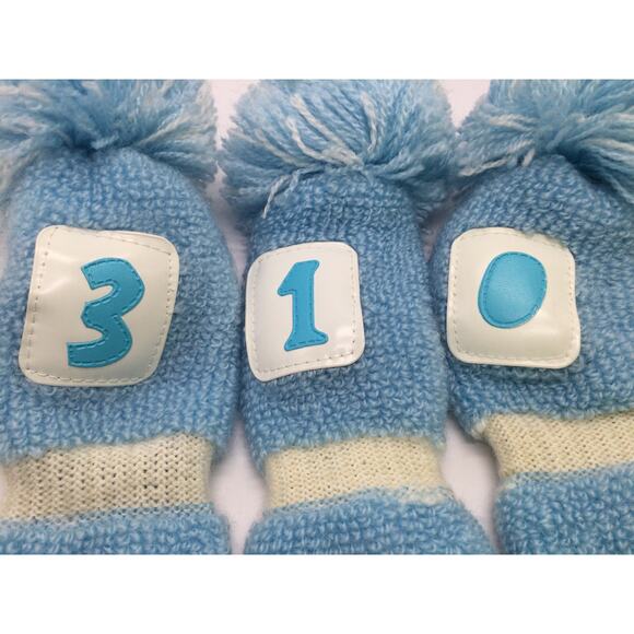 Vintage Golf Head Covers Knitted Pom Pom Baby blue set of 3 - Picture 2 of 4